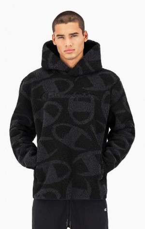 Champion All-Over Logo Print Teddy Hoodie Mikina s Kapucnou Panske Čierne | 0617-GYFSB