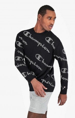 Champion All-Over Pruhované Effect Script Logo Print Sweatshirt Mikiny Panske Čierne | 2437-ZJQBN