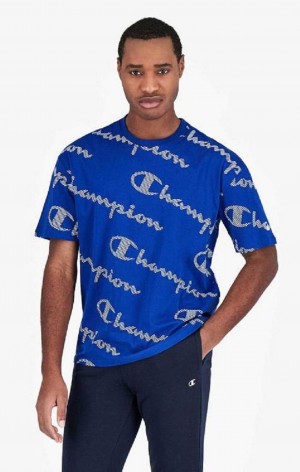 Champion All-Over Pruhované Effect Script Logo T-Shirt Tricko Panske Modre | 0825-EJMHB