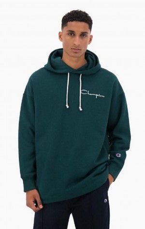 Champion Archive Script Logo Bavlnene Jersey Hoodie Mikina s Kapucnou Panske Tyrkysové Modre | 0328-KFPAW