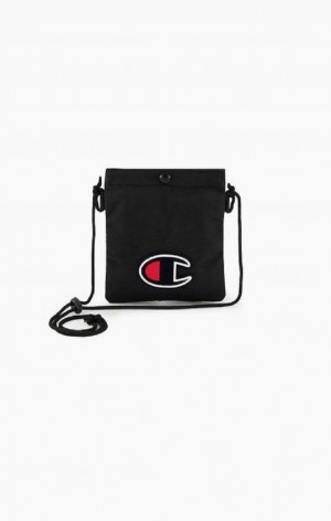 Champion C Logo Coated Shoulder Bag Tasky Panske Čierne | 1603-LJWOX