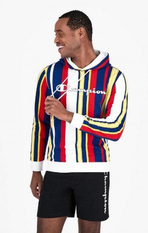 Champion Candy Stripe Script Logo Hoodie Mikina s Kapucnou Panske Biele Červené Modre | 9754-XJFGV