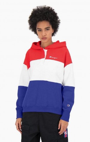 Champion Colour Block Reverse Weave Logo Hoodie Mikina s Kapucnou Damske Červené | 3470-GHQBP