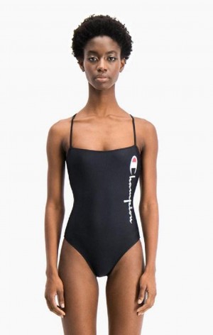 Champion Cross Back Large Script Logo Swimsuit Plavky Damske Čierne | 5241-BKWLM