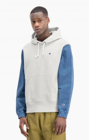 Champion Denim Sleeve Reverse Weave Hoodie Mikina s Kapucnou Panske Svetlo Siva | 7365-SQHET