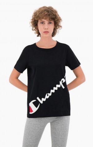 Champion Diagonal Script Logo Print T-Shirt Tricko Damske Čierne | 9572-VDRFO