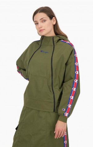 Champion Double Zip Logo Tape Utility S Kapucňou Jacket Mikina s Kapucnou Damske Olivovo Zelená Zelene | 8964-JPEBG