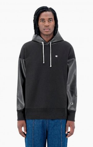 Champion Faux Kozene Panel Reverse Weave Hoodie Mikina s Kapucnou Panske Čierne | 7516-AZHVD