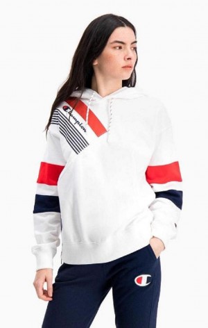 Champion Grafika Stripe And Colour Block Hoodie Mikina s Kapucnou Damske Biele | 0294-YKTPX