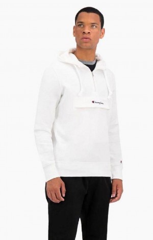 Champion Half Zip-Up Flap Pocket Fleece Hoodie Mikina s Kapucnou Panske Biele | 2615-NMXLR