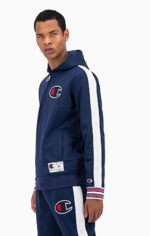 Champion Half Zip-Up Stripe Sleeve Basketball Sweatshirt Mikina s Kapucnou Panske Modre | 6291-EDRXJ