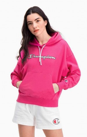 Champion Logo Bavlnene Terry Hoodie Mikina s Kapucnou Damske Tmavo Ruzove | 7209-DVECF