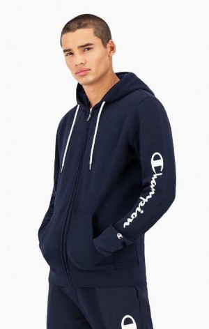 Champion Logo Sleeve Zip-Up Fleece Hoodie Mikina s Kapucnou Panske Tmavo Modre | 3274-BXZWQ