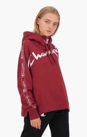 Champion Logo Tape High Neck Script Logo Hoodie Mikina s Kapucnou Damske Červené | 3241-VWROY