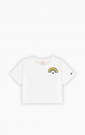 Champion PRIDE Crew Neck Cropped T-Shirt Tricko Damske Biele | 0197-YZVRN