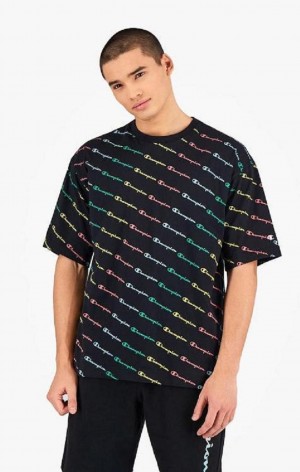 Champion Pastel All-Over Script Logo Print T-Shirt Tricko Panske Čierne | 6290-KJUZN