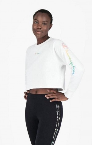 Champion Rainbow Script Logo Print Cropped Sweatshirt Mikiny Damske Biele | 9357-HNEMK