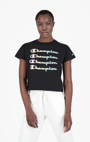 Champion Rainbow Script Logo Print T-Shirt Tricko Damske Čierne | 2617-EONJT