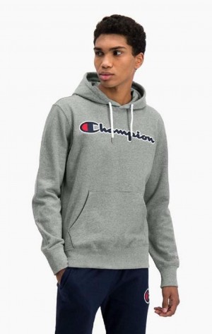 Champion Satin Script Logo Bavlnene Terry Hoodie Mikina s Kapucnou Panske Tmavo Siva | 6180-CDPFG