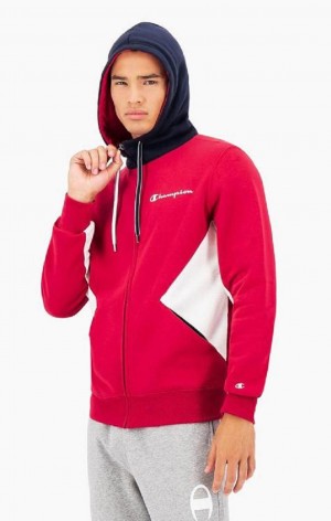 Champion Script Logo Colour Block Fleece Zip-Up Hoodie Mikina s Kapucnou Panske Červené | 0198-MGPKU