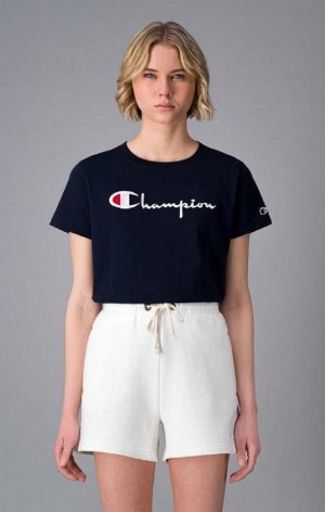 Champion Script Logo Crew Neck T-Shirt Tricko Damske Tmavo Modre | 2180-ZQJTK