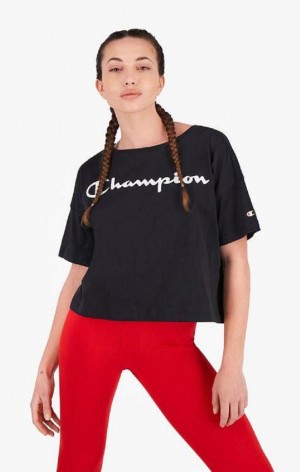 Champion Script Logo Cropped T-Shirt Tricko Damske Čierne | 3910-EMZHA