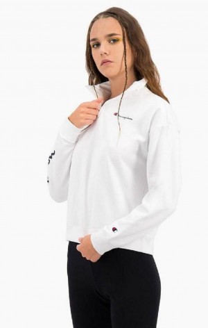 Champion Script Logo Half Zip-Up Shiny Fleece Sweatshirt Mikiny Damske Biele | 3092-KOAPX