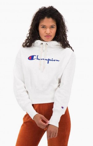 Champion Script Logo High Rib Reverse Weave Hoodie Mikina s Kapucnou Damske Biele | 5083-QLSZT