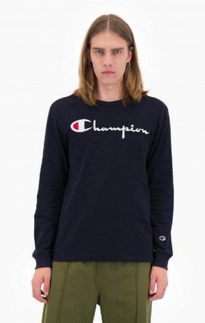 Champion Script Logo Jersey Sweatshirt Mikiny Panske Tmavo Modre | 3269-ZPCUG