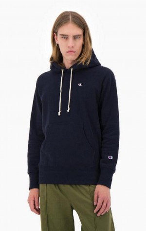 Champion Script Logo Reverse Weave Hoodie Mikina s Kapucnou Panske Tmavo Modre | 0947-YPDBN