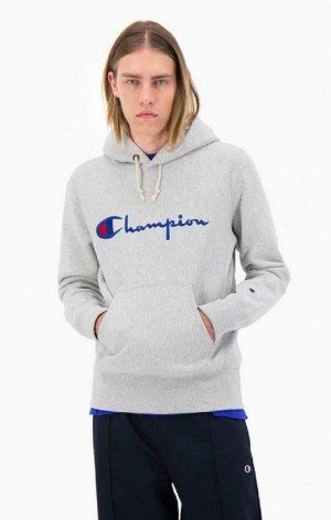 Champion Script Logo Reverse Weave Hoodie Mikina s Kapucnou Panske Svetlo Siva | 5287-YJZKI