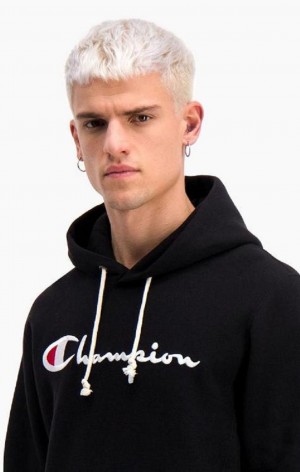 Champion Script Logo Reverse Weave Hoodie Mikina s Kapucnou Panske Čierne | 0381-FZJKA