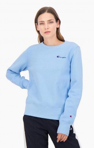 Champion Small Script Logo Reverse Weave Sweatshirt Mikiny Damske Svetlo Modre | 9574-OPFQS