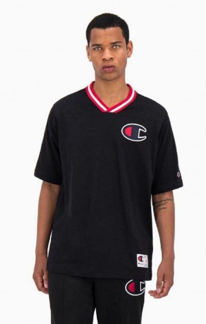 Champion Stripe Collar V Neck T-Shirt Tricko Panske Čierne | 8379-LHBTD