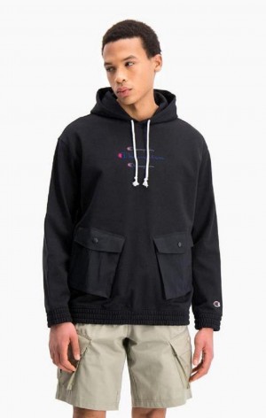 Champion Triple Script Logo Cargo Pocket Hoodie Mikina s Kapucnou Panske Čierne | 5309-AJVGB