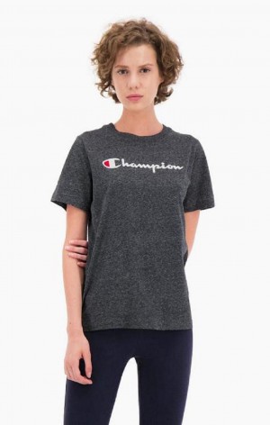 Champion Velvet Script Logo T-Shirt Tricko Damske Svetlo Siva | 6539-YDPOZ