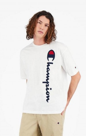 Champion Vertical Script Logo T-Shirt Tricko Panske Biele | 9378-FZLTN