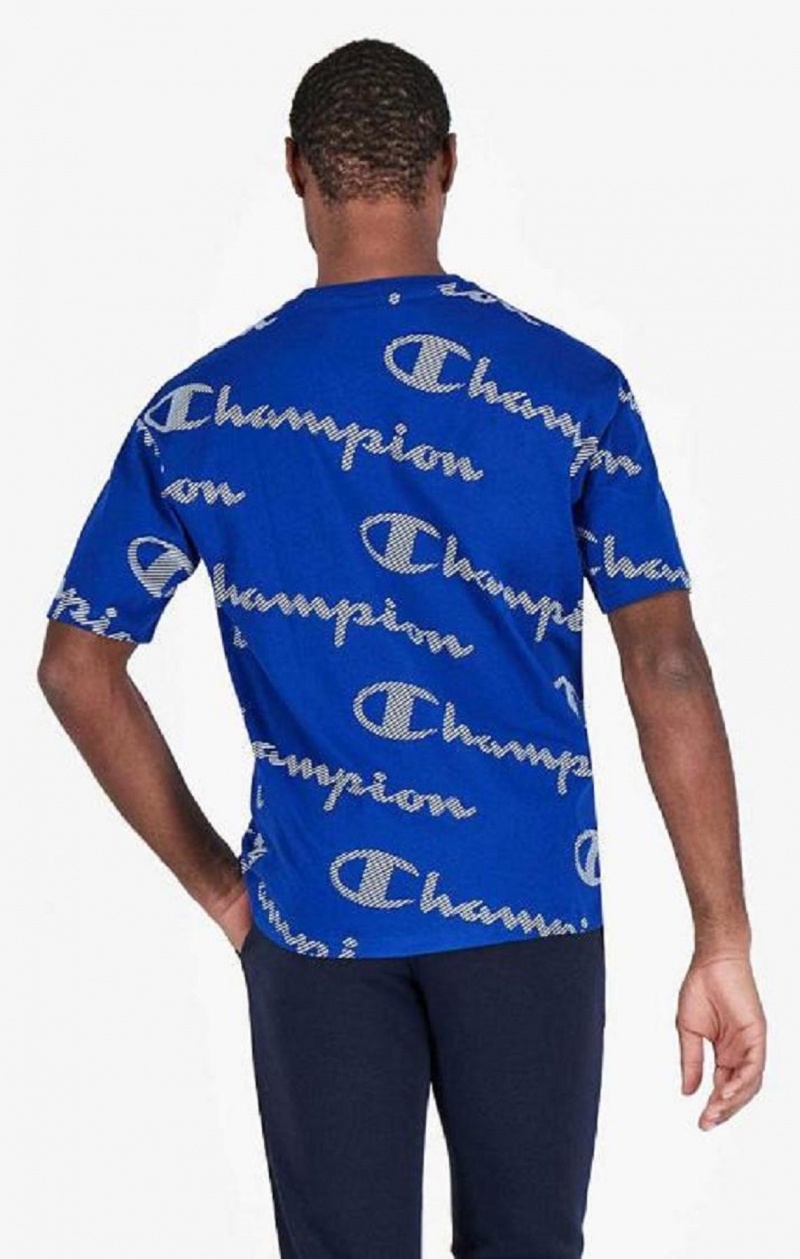 Champion All-Over Pruhované Effect Script Logo T-Shirt Tricko Panske Modre | 0825-EJMHB