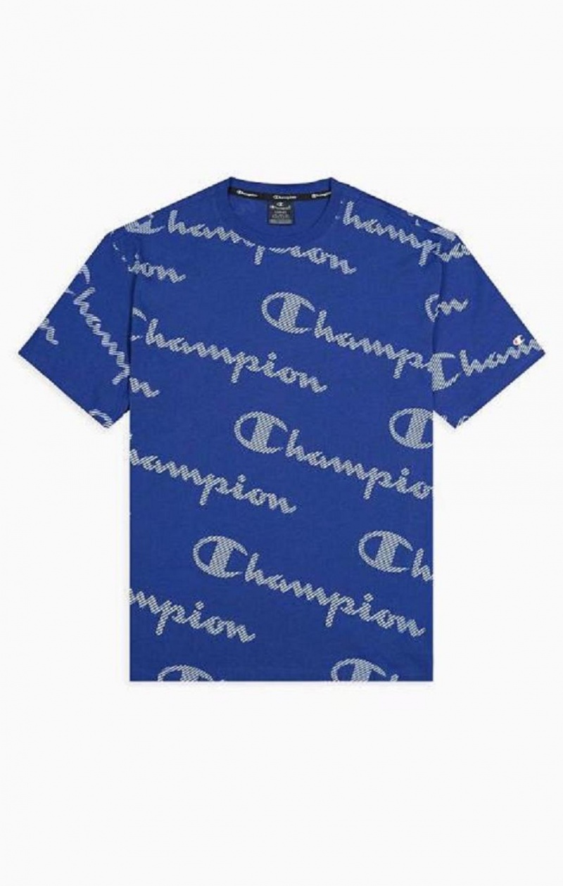 Champion All-Over Pruhované Effect Script Logo T-Shirt Tricko Panske Modre | 0825-EJMHB