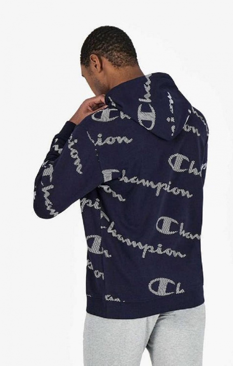 Champion All-Over Pruhované Effect Script Logo Print Hoodie Mikina s Kapucnou Panske Tmavo Modre | 8216-VCXWD