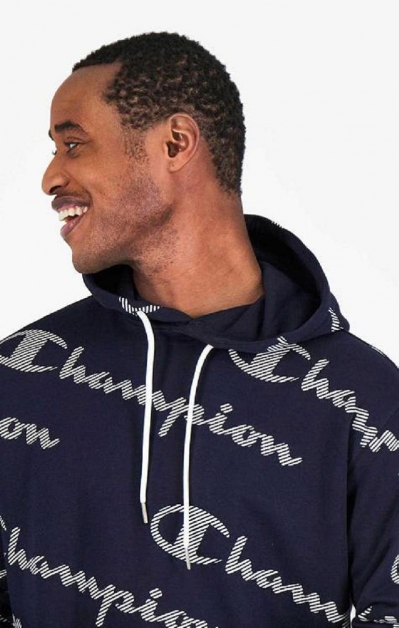 Champion All-Over Pruhované Effect Script Logo Print Hoodie Mikina s Kapucnou Panske Tmavo Modre | 8216-VCXWD