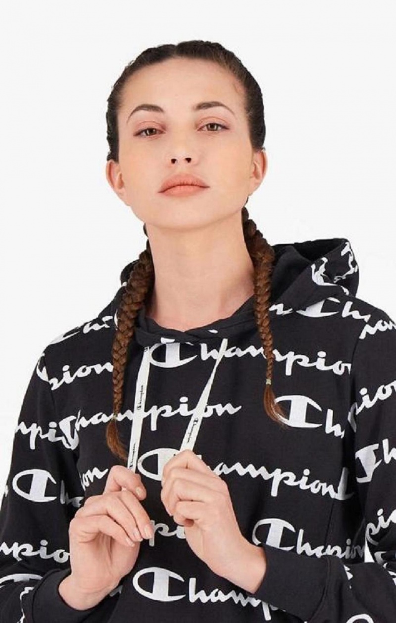 Champion All-Over Script Logo Hoodie Mikina s Kapucnou Damske Čierne | 3194-ZFHJE