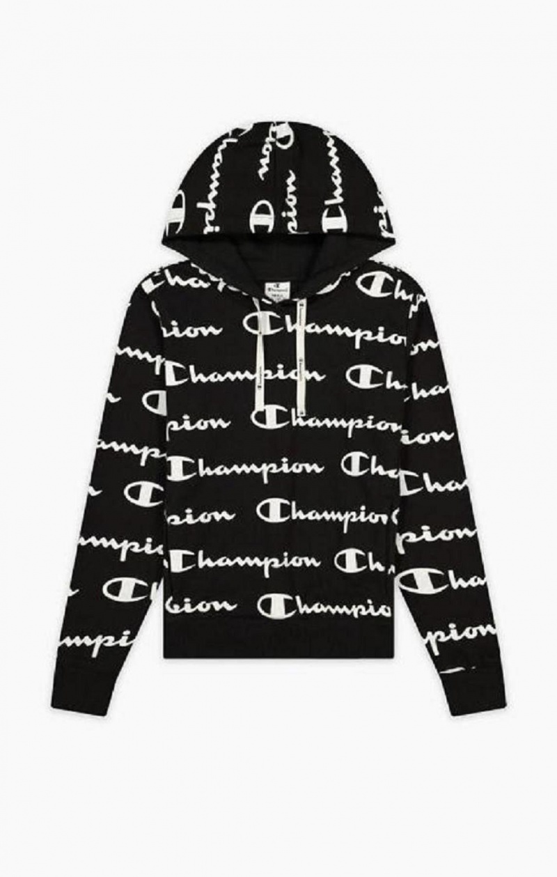 Champion All-Over Script Logo Hoodie Mikina s Kapucnou Damske Čierne | 3194-ZFHJE