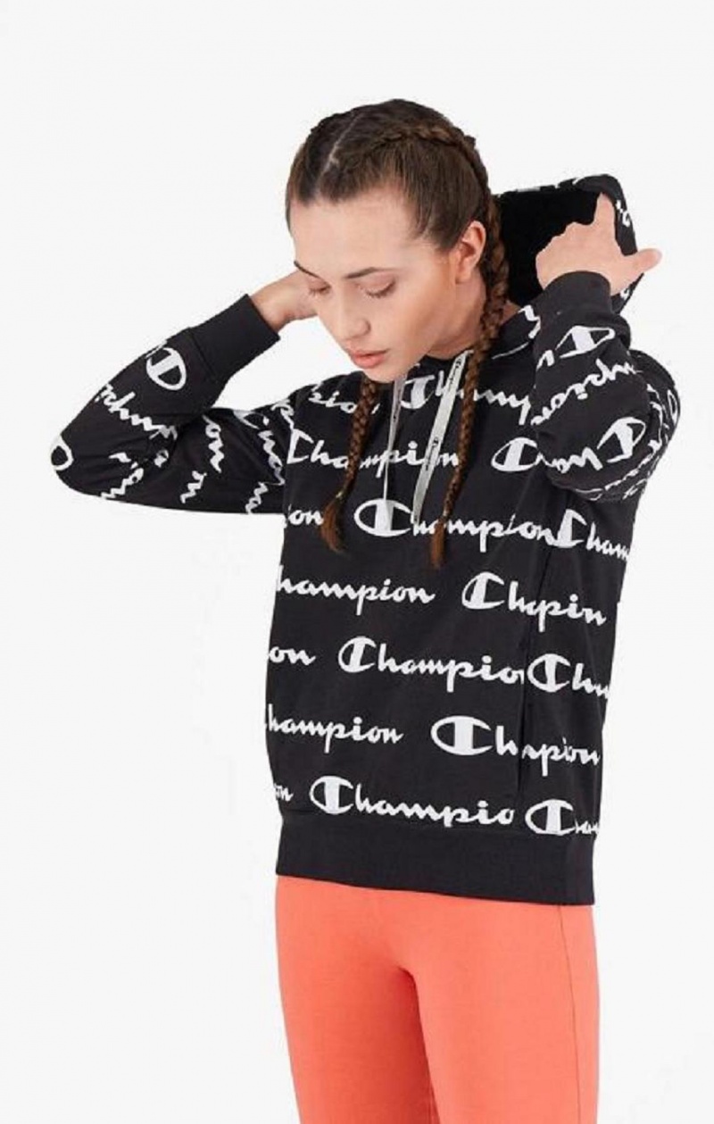 Champion All-Over Script Logo Hoodie Mikina s Kapucnou Damske Čierne | 3194-ZFHJE