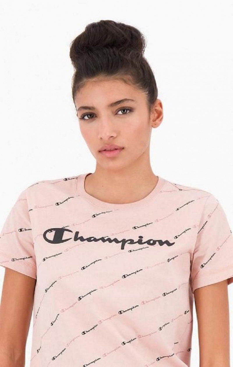 Champion All-Over Script Logo T-Shirt Tricko Damske Ruzove | 6293-MPLIY