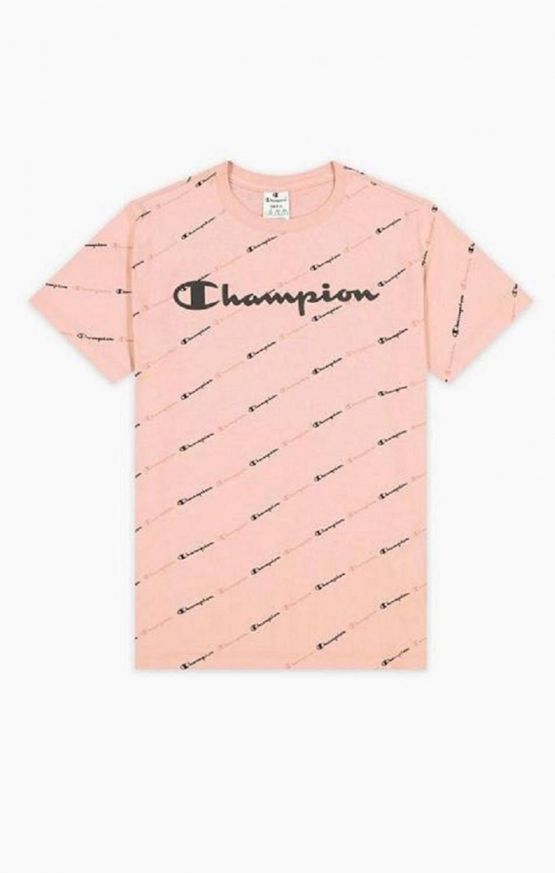 Champion All-Over Script Logo T-Shirt Tricko Damske Ruzove | 6293-MPLIY