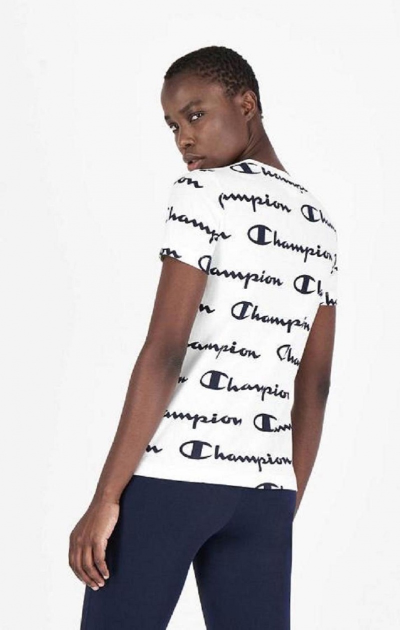 Champion All-Over Script Logo T-Shirt Tricko Damske Biele | 3784-WECUL