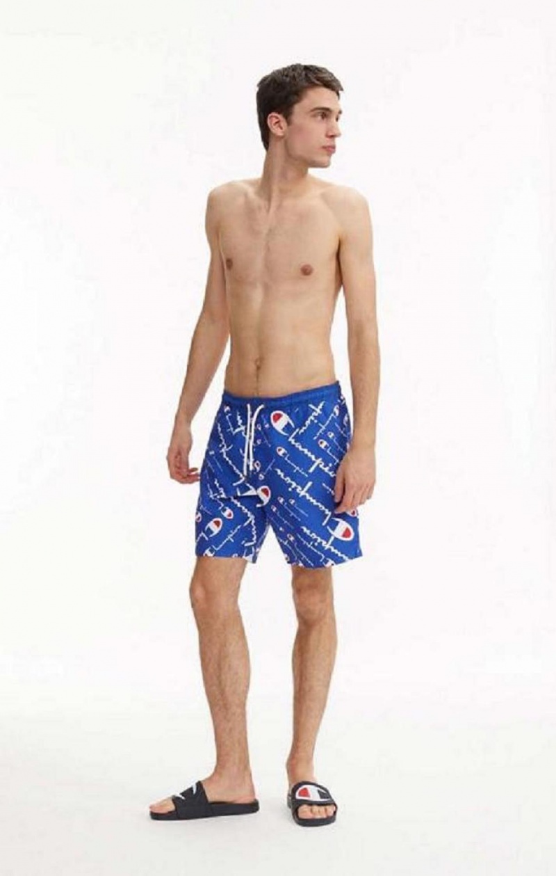 Champion All-over Script Logo Print Board Shorts Plavky Panske Modre | 6527-IWXTH