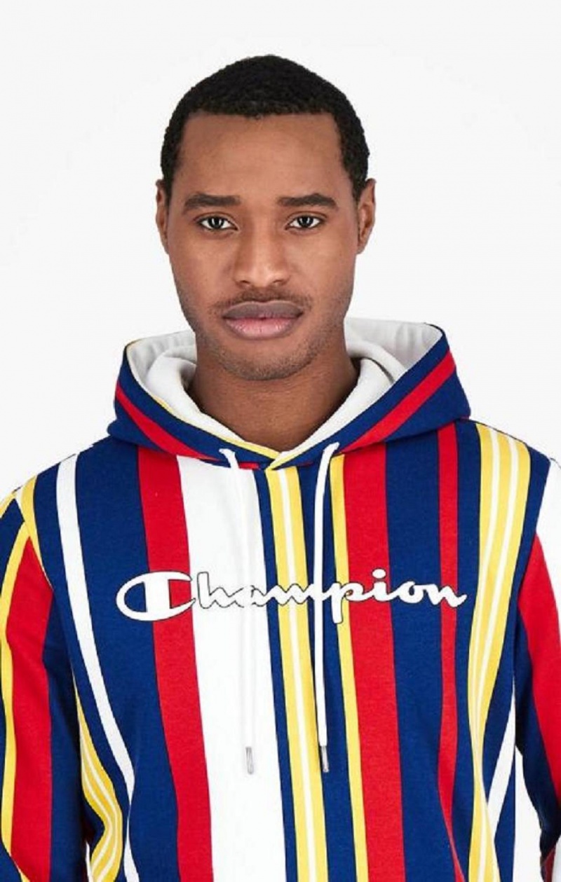 Champion Candy Stripe Script Logo Hoodie Mikina s Kapucnou Panske Biele Červené Modre | 9754-XJFGV