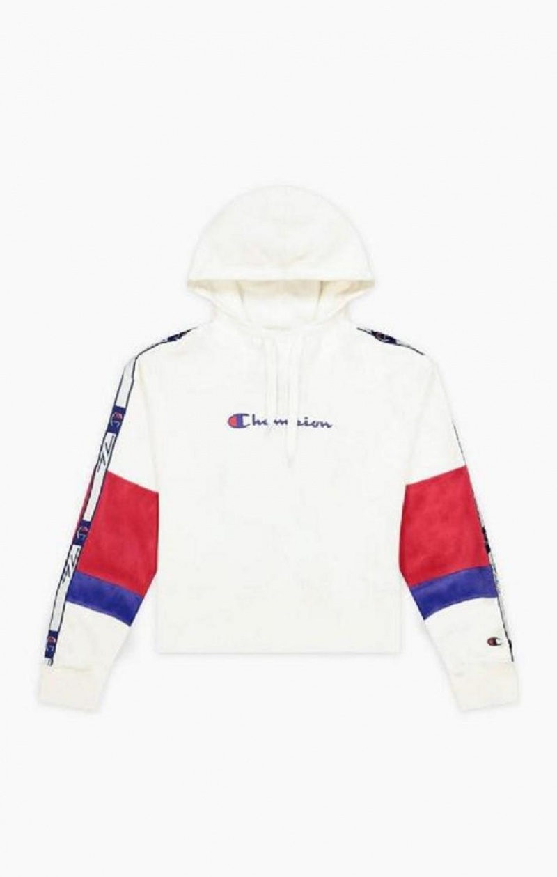 Champion Colour Block Jacquard Logo Tape Fleece Hoodie Mikina s Kapucnou Damske Biele | 6139-XHTDJ